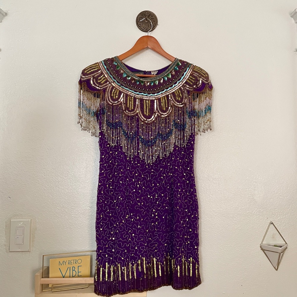 Vintage Jagswear Purple Silk Beaded Sequin Fringe Mini Dress Large